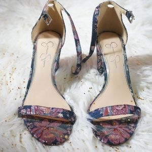 Jessica Simpson Open Toe Denim and Floral Heels
